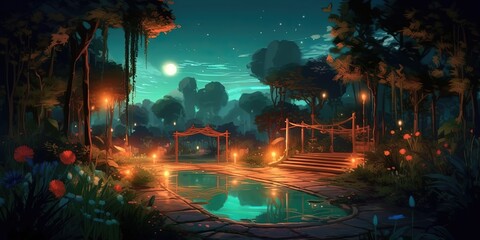 Beautiful landscape of garden at night with big crescent moon, digital art style, illustration painting