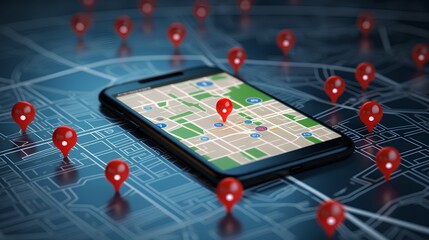 Concept of geofencing, featuring a digital map with virtual boundaries, a location pin, and a mobile device showcasing a geofencing app. Generative AI