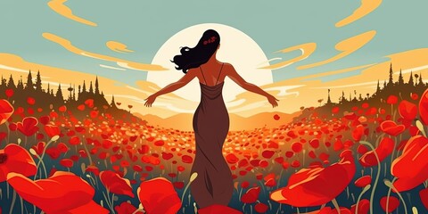 Beautiful woman standing in the flower field on a summer day, vector illustration