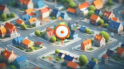 Geofencing technology. A stylized, miniature city model with a large geo pin prominently placed. The use of geofencing in urban areas for marketing, security, and logistics. Generative AI - obrazy, fototapety, plakaty