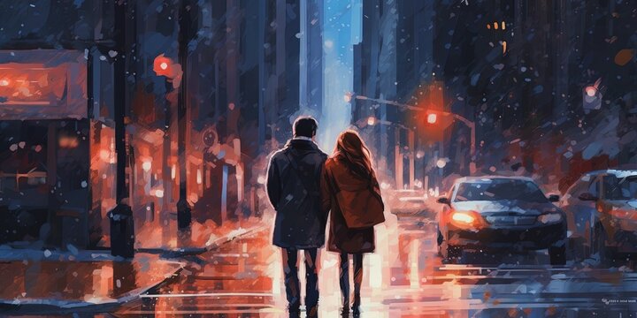 Back view of couple in love walking on street of city at night, illustration painting