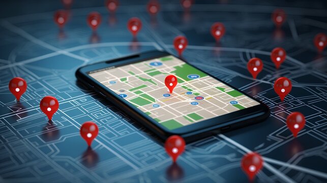 Concept of geofencing, featuring a digital map with virtual boundaries, a location pin, and a mobile device showcasing a geofencing app. Generative AI