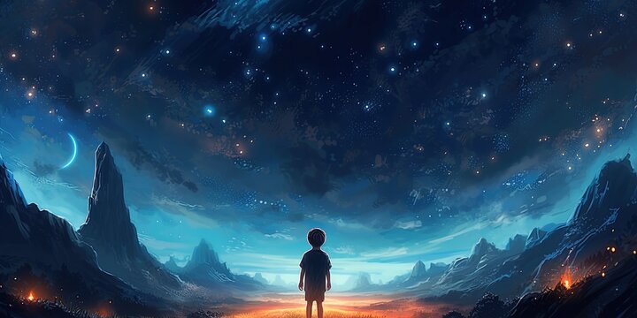 Beautiful scenery showing the young boy standing among glowing planets and holding the star up in the night sky, digital art style, illustration painting