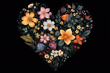 Flower heart illustration on black background. Generative AI