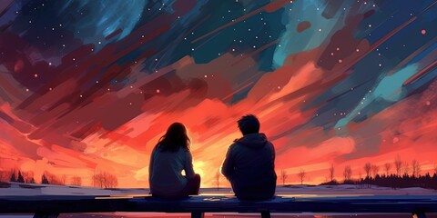 Couple sitting and looking at the sky with a spectacular meteor shower, digital art style, illustration painting
