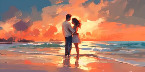 Couples embracing each other in love on the beach, digital art style, illustration painting
