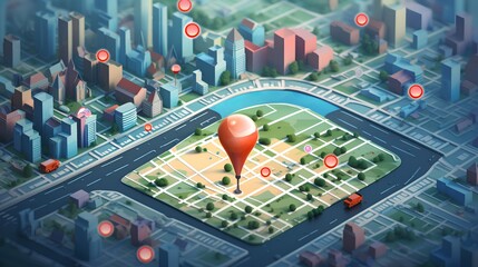 Geofencing technology. A stylized, miniature city model with a large geo pin prominently placed. The use of geofencing in urban areas for marketing, security, and logistics. Generative AI