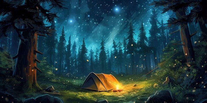 Camping in forest at night with stars and fireflies, illustration, digital painting