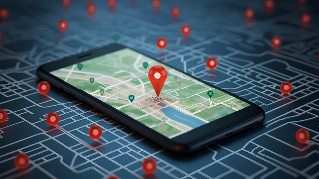 Concept of geofencing, featuring a digital map with virtual boundaries, a location pin, and a mobile device showcasing a geofencing app. Generative AI