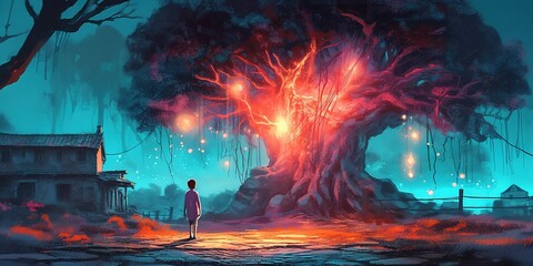Girl looking at the glowing tree formed by the ruins of the house, digital art style, illustration painting