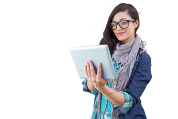 Digital png photo of caucasian woman using tablet on transparent background