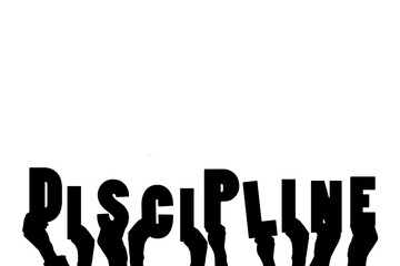 Digital png illustration of hands with discipline text on transparent background