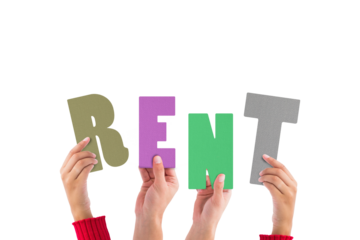 Digital png illustration of hands with rent text on transparent background
