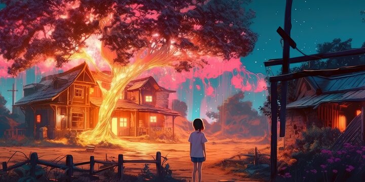 Girl looking at the glowing tree formed by the ruins of the house, digital art style, illustration painting