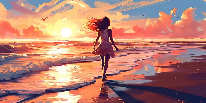 Girl running barefoot to the beach at sunrise, digital art style, illustration painting