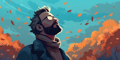 Lonely man looks up at the sky feeling blue background are windy autumn leaves in pastel vector illustration