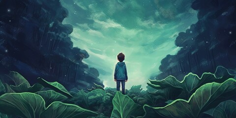 Little boy standing on giant leaves looking at a night sky, illustration painting - obrazy, fototapety, plakaty