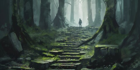 Man climbing stone stairs in the mysterious forest, digital art style, illustration painting