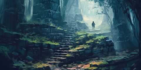 Man climbing stone stairs in the mysterious forest, digital art style, illustration painting