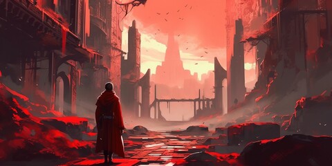 Man in the red robe looking at the ruins of the building in the fantasy land, digital art style illustration painting