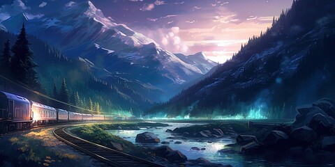 Night scene of train with glowing light passing through valley above river, illustration painting