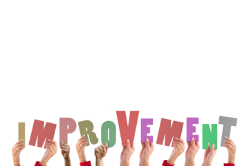 Digital png illustration of hands with improvement text on transparent background