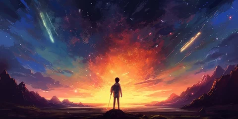 Fotobehang Night scenery of a boy looking the meteor in the colorful sky, digital art style, illustration painting © Svitlana