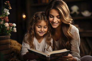 Happy mother and child reading a book and smiling together at home , Reading a story sitting on couch at home , Created with generative AI