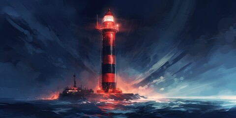 Fototapeta na wymiar Night scenery of the big lighthouse in futuristic world, digital art style, illustration painting