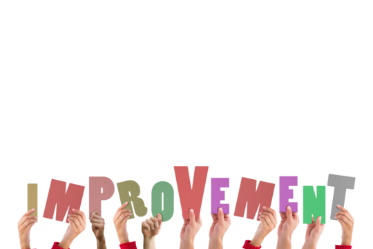 Digital png illustration of hands with improvement text on transparent background - Powered by Adobe