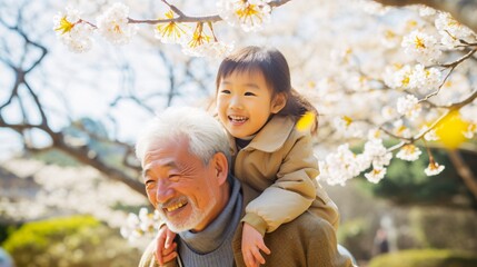 シニアと孫、肩車をして子供と遊ぶ日本人男性