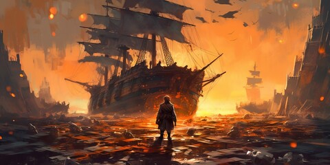 Pirate standing on treasure pile against ruined ships at sunset, illustration painting
