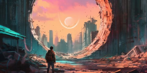 Post apocalypse scene showing the man standing in ruined city and looking at mysterious circle on the ground, digital art style, illustration painting