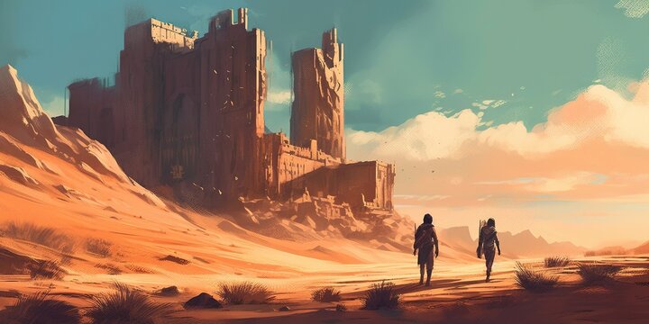 People walking through a desert to the mysterious building, digital art style, illustration painting © Svitlana