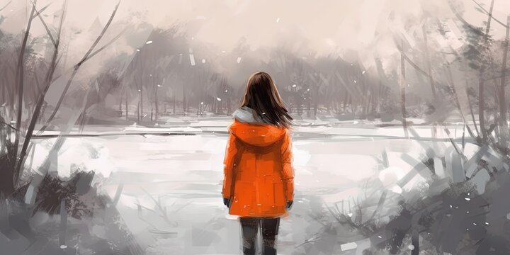 Rear view of woman with orange warm jacket standing in winter landscape, illustration painting