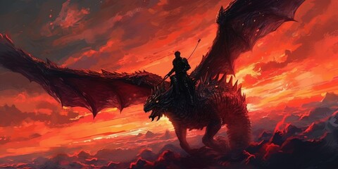 The black knight riding the dragon flying in the sunset sky, digital art style, illustration painting