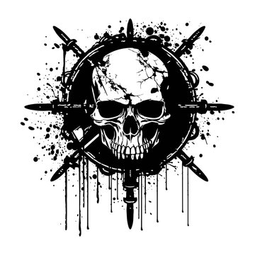 Steering wheel ship hand with human skull,  icon with angry human skull, crossed bones, medieval ship, Pirate skull, isolated on transparent background, Generative Ai.