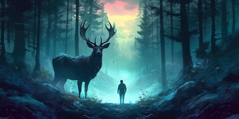 The man with a magic lantern facing the giant deer in a mysterious valley, digital art style, illustration painting