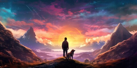 Fototapeta premium Traveler and dog standing and looking at the colorful light in the valley, digital art style, illustration painting