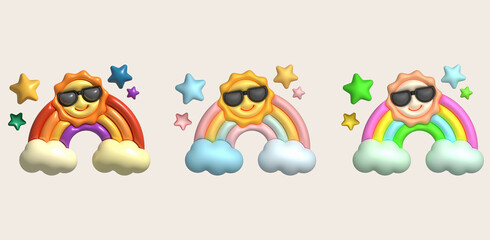 3D illustration colorful rainbow, clouds, sun in sunglasses and stars. minimal style.