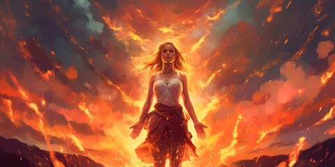Warrior woman standing on the ground of fire watching the spirits float up in the sky, digital art style, illustration painting - obrazy, fototapety, plakaty