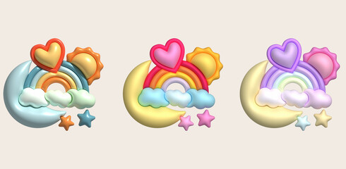 3D illustration Colorful rainbow, clouds, hearts, sun and stars. minimal style.