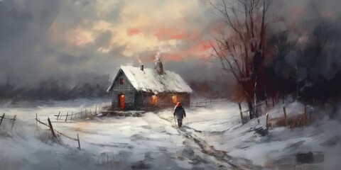 Winter landscape with snow storm and a man walking to the wooden house, illustration painting