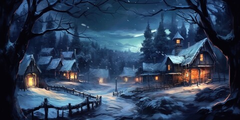 Fototapeta premium Winter landscape with village and fantasy trees at night, illustration painting