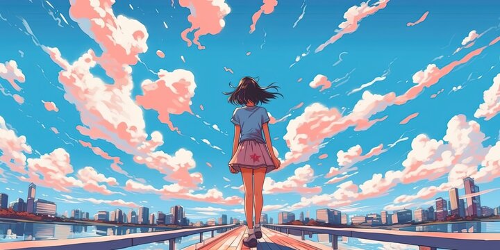 Vector, illustration, anime, japanese, high school, girl, dance, cat, harbor, background, blue sky, clouds, japan vector flat bright colors