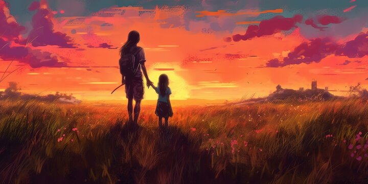 Waiting for you in a beautiful place. Woman and her child standing on the meadow looking forward at the horizon, digital art style, illustration