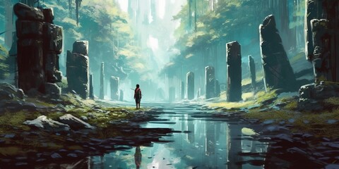 Woman walks on a branch on a stream and looks at the monoliths in the forest, digital art style