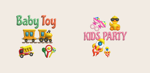 3D illustration letters baby toy kids party and children's toys.Kids toys minimal style.