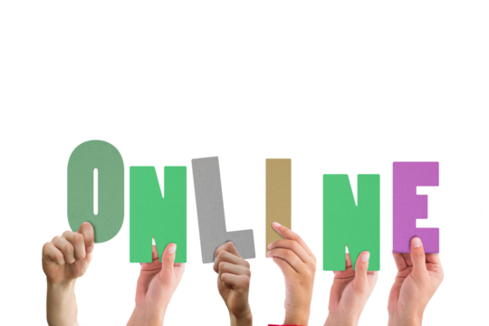 Digital png illustration of hands with online text on transparent background - Powered by Adobe
