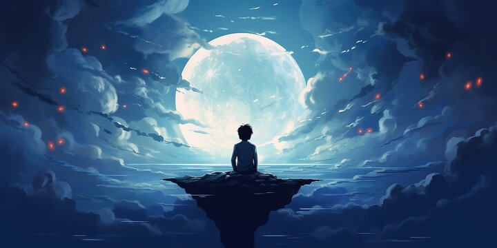 Young boy sitting on the glowing moon behind clouds in night sky, digital art style, illustration painting
